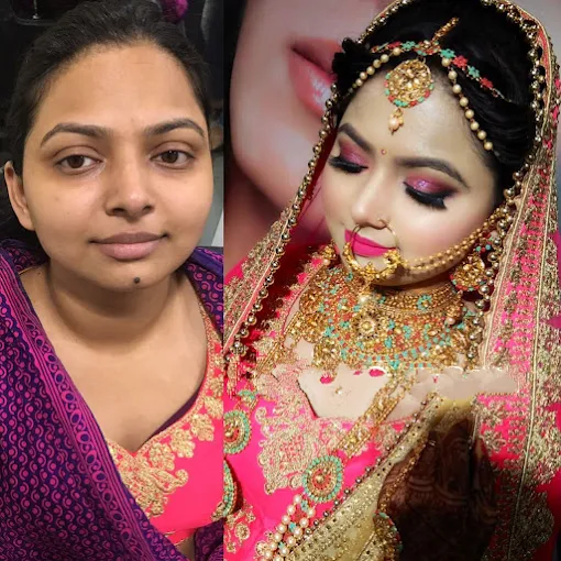 Bridal makeup transformation, before and after, by the salon team